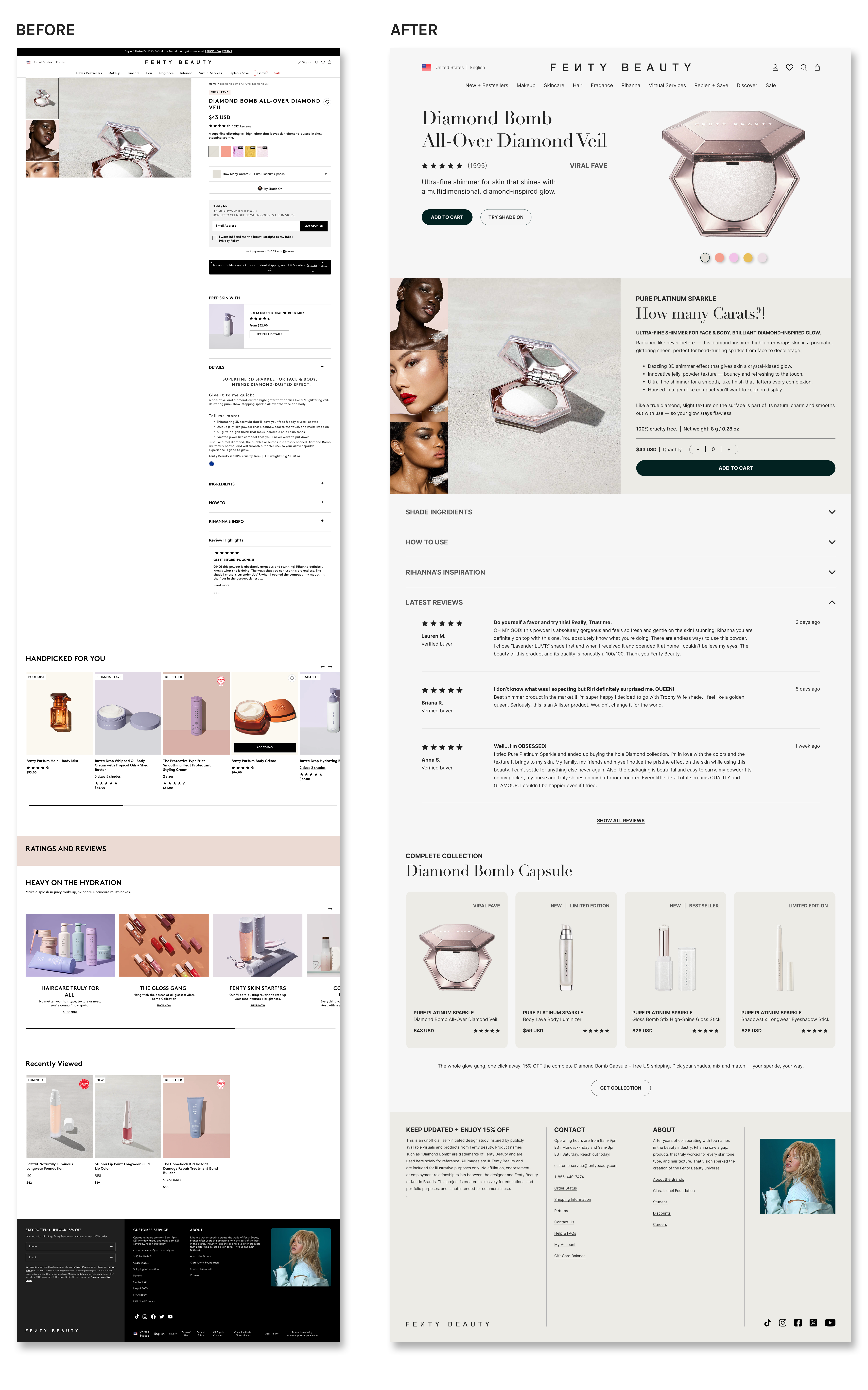 Imagen del diseño de la página actual de Fenty Beauty etiquetada como 'antes', al lado de el rediseño etiquetado como 'Después'