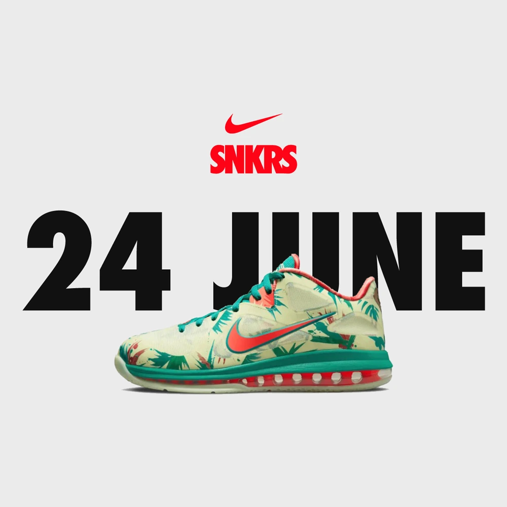 Una zapatilla Nike delante de un texto indicando la fecha de lanzamiento: Junio, 24.