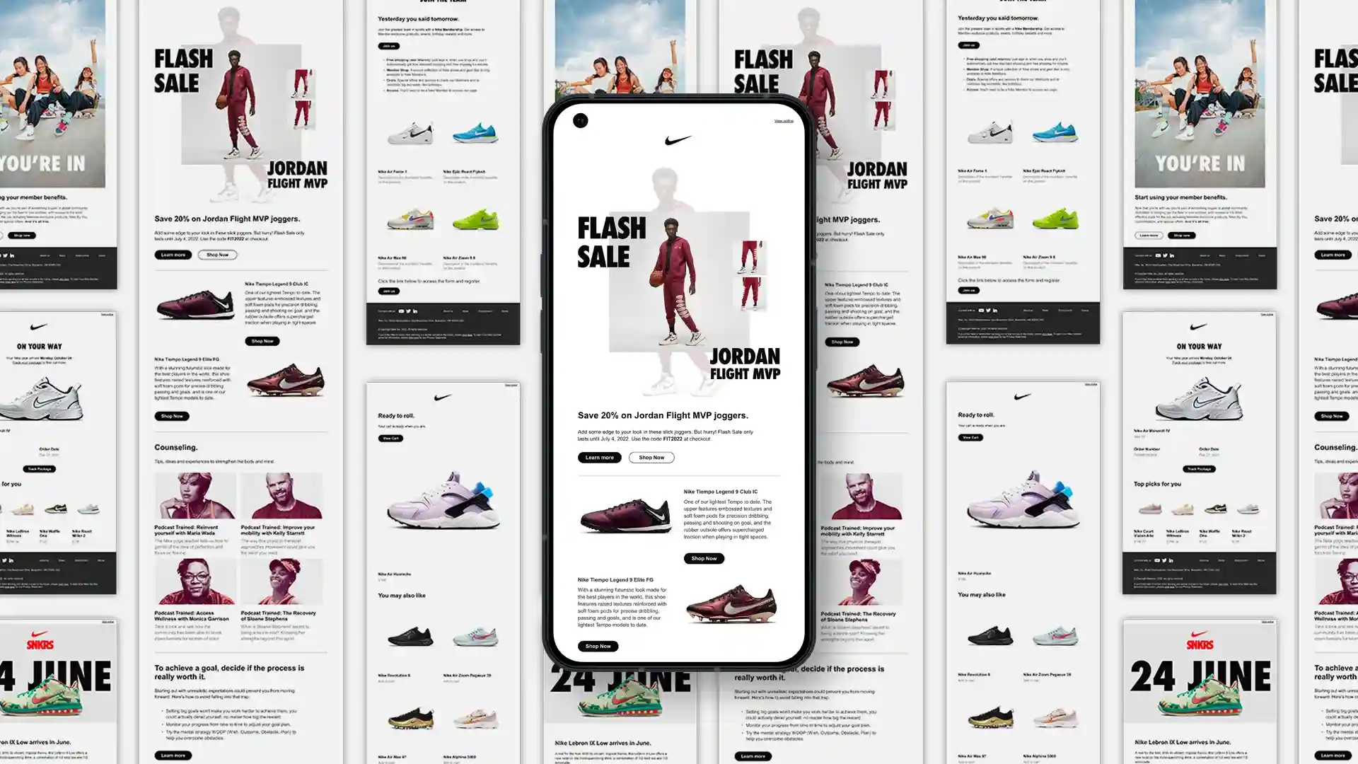 A cell phone showing the Nike newsletter, over a collage of the entire batch of emails.
