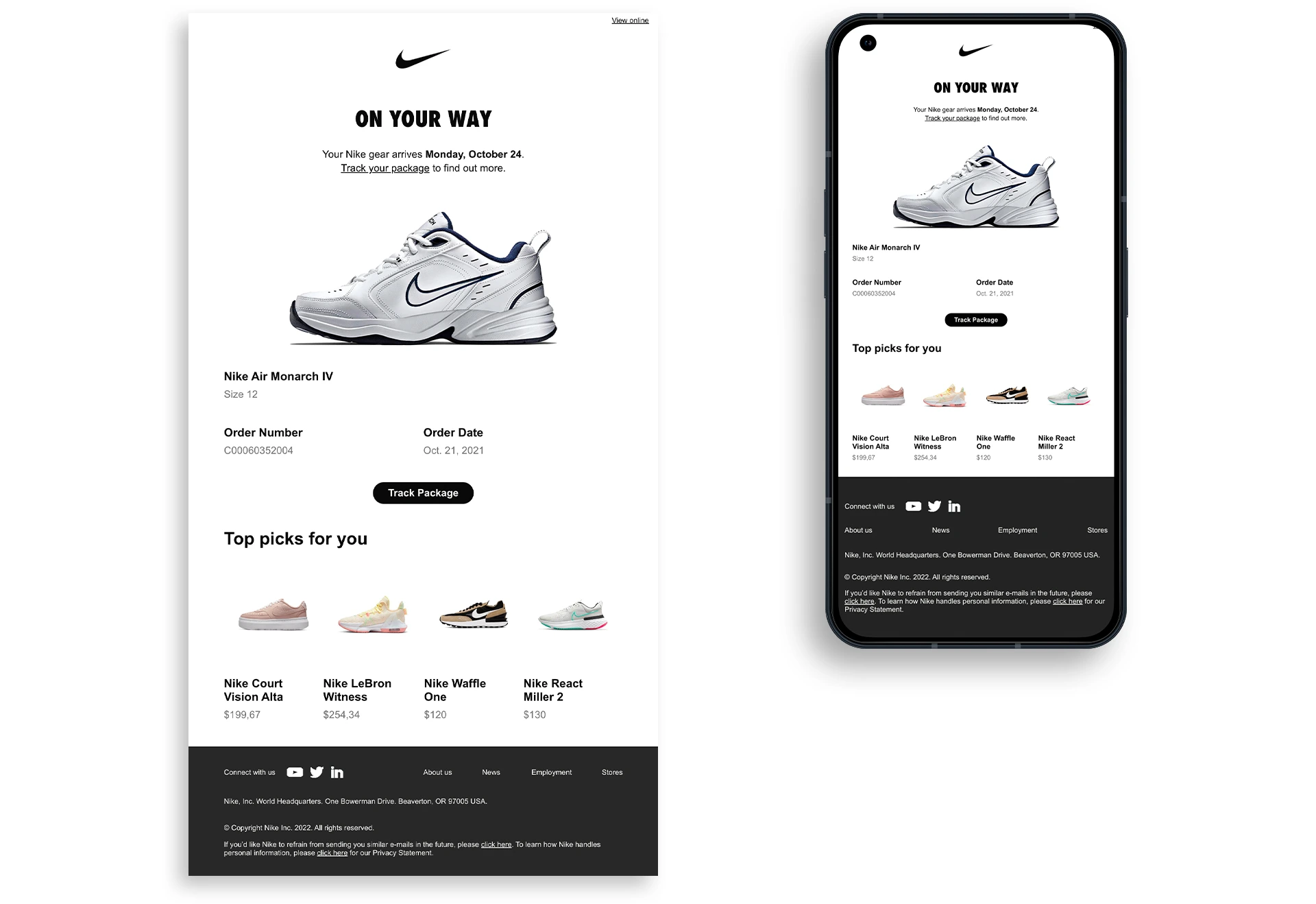 Image of the full order email on its way.