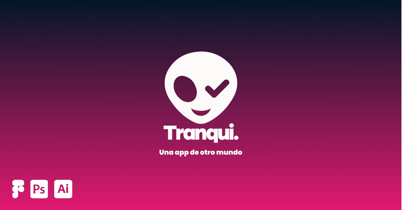 Portada con fondo en gradiente de magenta y azul medianoche con el logo de Tranqui, la cara de un alien guiñando un ojo.