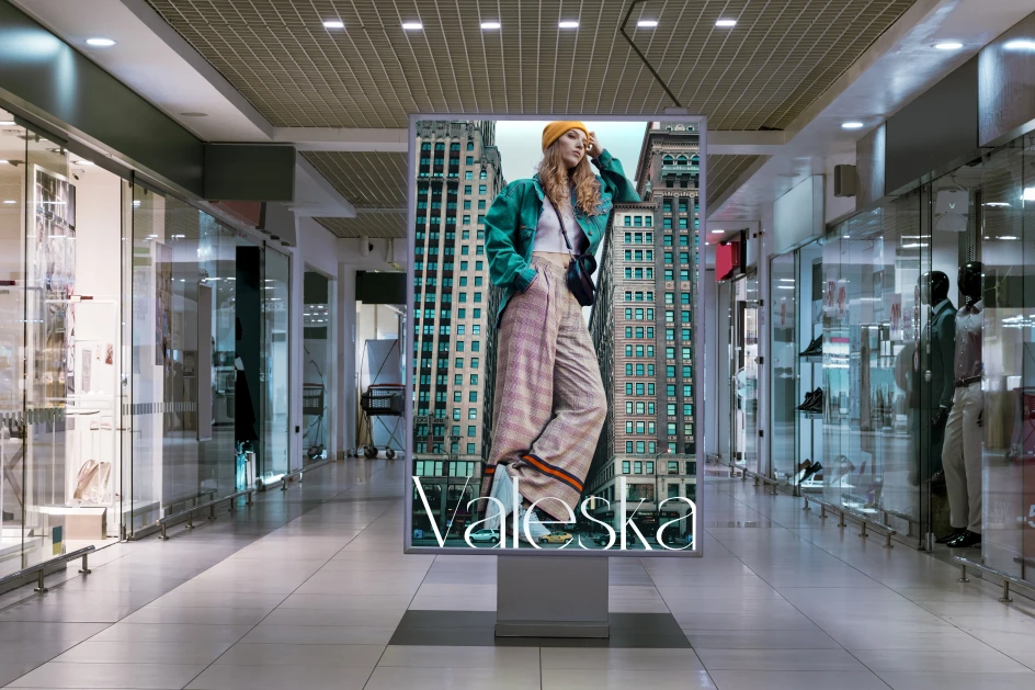 Cartelera promocionando la marca en el medio de los pasillos de un centro comercial.